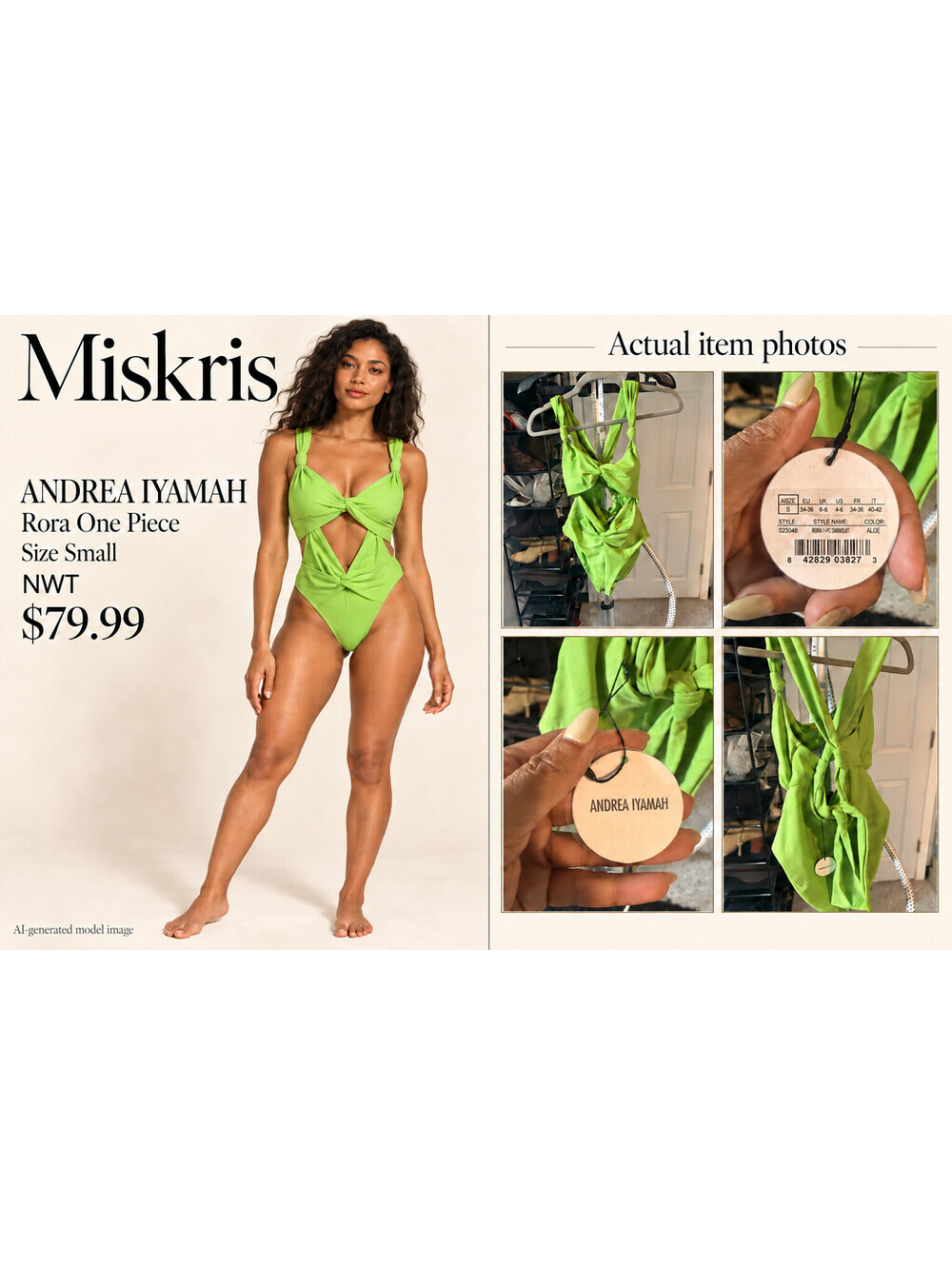 Andrea Iyamah Rora One Piece Swimsuit S Aloe Green Cutout Knotted Swim NWT